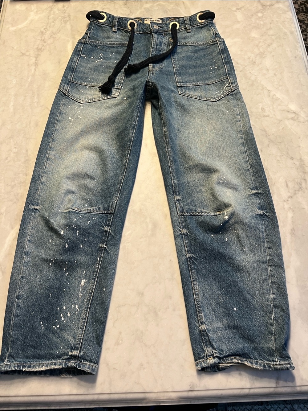 Free People Moxie barrel Jean. Timeless blue. 25 long.